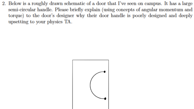 2. Below is a roughly drawn schematic of a door that I've seen on campus. It has a large
semi-circular handle. Please briefly explain (using concepts of angular momentum and
torque) to the door's designer why their door handle is poorly designed and deeply
upsetting to your physics TA.

