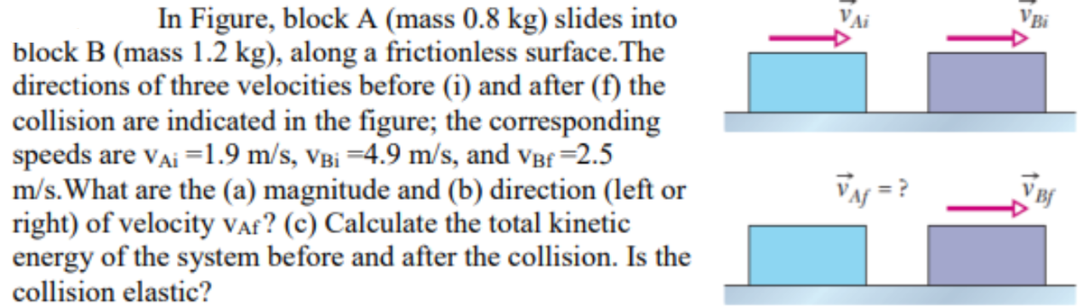VAi
VBi
In Figure, block A (mass 0.8 kg) slides into
block B (mass 1.2 kg), along a frictionless surface.The
directions of three velocities before (i) and after (f) the
collision are indicated in the figure; the corresponding
speeds are vAi =1.9 m/s, vâ¡ =4.9 m/s, and vâf =2.5
m/s.What are the (a) magnitude and (b) direction (left or
right) of velocity Vaf? (c) Calculate the total kinetic
energy of the system before and after the collision. Is the
collision elastic?
VaJ = ?
V Bf
