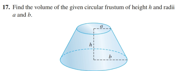 17. Find the volume of the given circular frustum of height h and radii
a and b.
