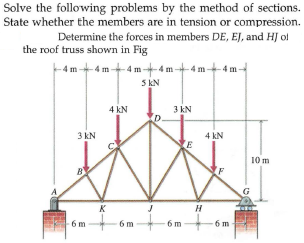 Solve the following problems by the method of sections.
State whether the members are in tension or compression.
Determine the forces in members DE, EJ, and HJ ol
the roof truss shown in Fig
4 m-4 m4 m4 m-4 m-4 m
5 KN
4 kN
3 kN
3 kN
4 kN
10 m
G
K
-6 m
6 m
6 m
6 m
