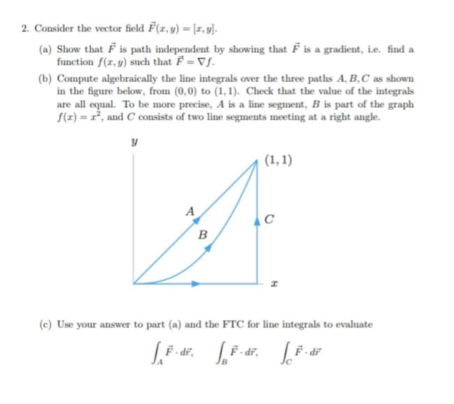 2. Consider the vector field F(r, y) = [x, y].
(a) Show that F is path independent by showing that F is a gradient, i.e. find a
function f(z, y) such that F = Vf.
(b) Compute algebraically the line integrals over the three paths A, B,C as shown
in the figure below, from (0,0) to (1, 1). Check that the value of the integrals
are all equal. To be more precise, A is a line segment, B is part of the graph
f(x) = r², and C consists of two line segments meeting at a right angle.
(1, 1)
A
C
B
(c) Use your answer to part (a) and the FTC for line integrals to evaluate
F - dr,
F- dř, [F- d7
