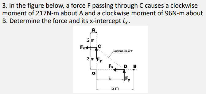 3. In the figure below, a force F passing through C causes a clockwise
moment of 217N-m about A and a clockwise moment of 96N-m about
B. Determine the force and its x-intercept ix.
A
2 m
Fx+c
Action Line of F
.....I.....-.
3 m F,
Fx
D
в
ix
IF,
5 m.
