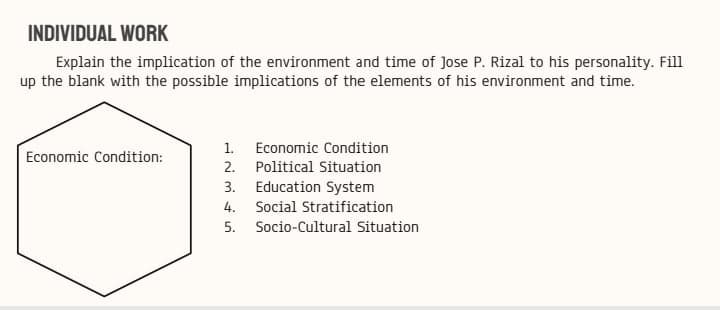 INDIVIDUAL WORK
Explain the implication of the environment and time of Jose P. Rizal to his personality. Fill
up the blank with the possible implications of the elements of his environment and time.
1. Economic Condition
Economic Condition:
2. Political Situation
3. Education System
4.
Social Stratification
5. Socio-Cultural Situation
