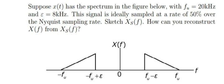 Suppose r(t) has the spectrum in the figure below, with fu 20kHz
and e = 8kHz. This signal is ideally sampled at a rate of 50% over
the Nyquist sampling rate. Sketch Xs(f). How can you reconstruct
X(f) from Xs(f)?
X(f)
-f.
f,
3+ "

