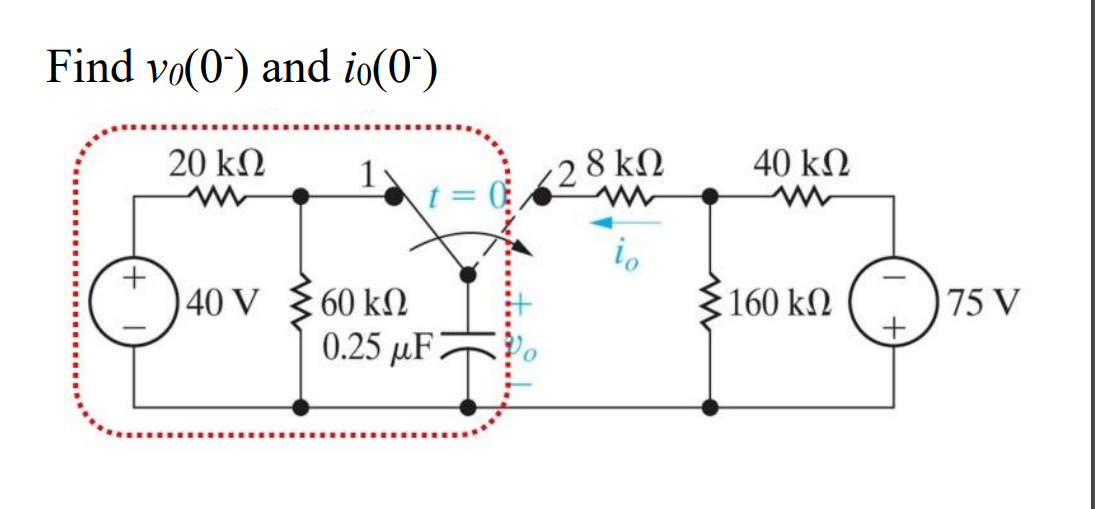 Find vo(0) and io(0")
20 kN
28 kN
40 kN
t= (
+.
T)40 V 360 kN
{160 kM
75 V
0.25 µF T
