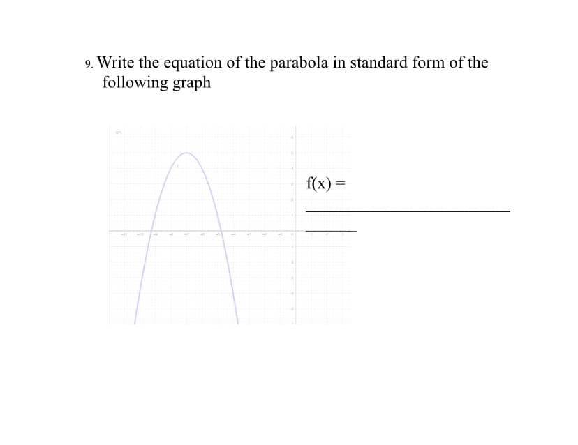 9. Write the equation of the parabola in standard form of the
following graph
f(x) =
