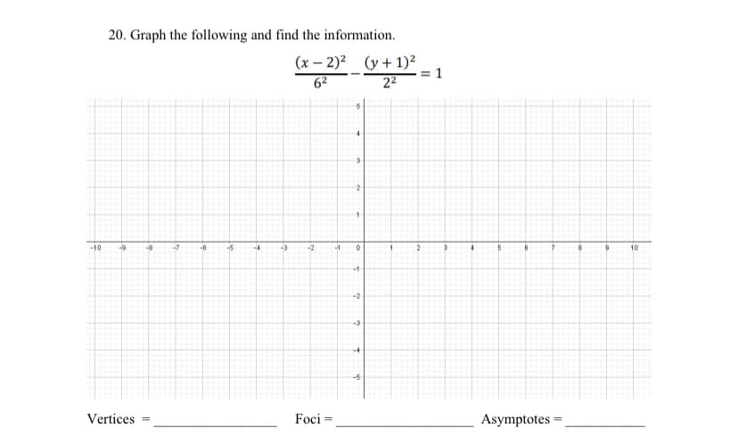 20. Graph the following and find the information.
(x – 2)2 (y+ 1)²
62
= 1
22
-10
-9
-7
-6
-5
-4
-3
-2
-1
10
-2
-3
-4
-5
Vertices
Foci =
Asymptotes
