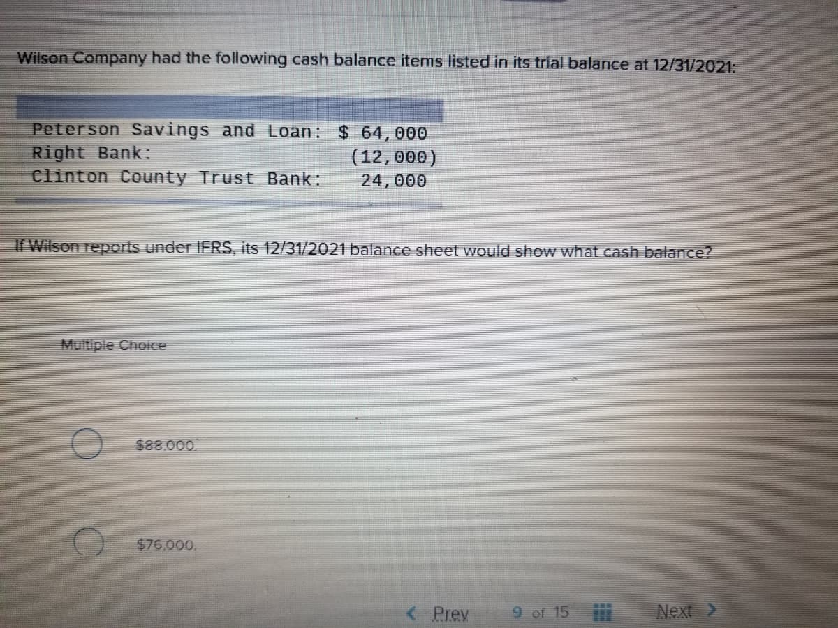 Wilson Company had the following cash balance items listed in its trial balance at 12/31/2021:
Peterson Savings and Loan: $ 64,000
Right Bank:
Clinton County Trust Bank:
(12,000)
24,000
If Wilson reports under IFRS, its 12/31/2021 balance sheet would show what cash balance?
Multiple Choice
$88.000
$76,000.
Prev
9 of 15
Next>
