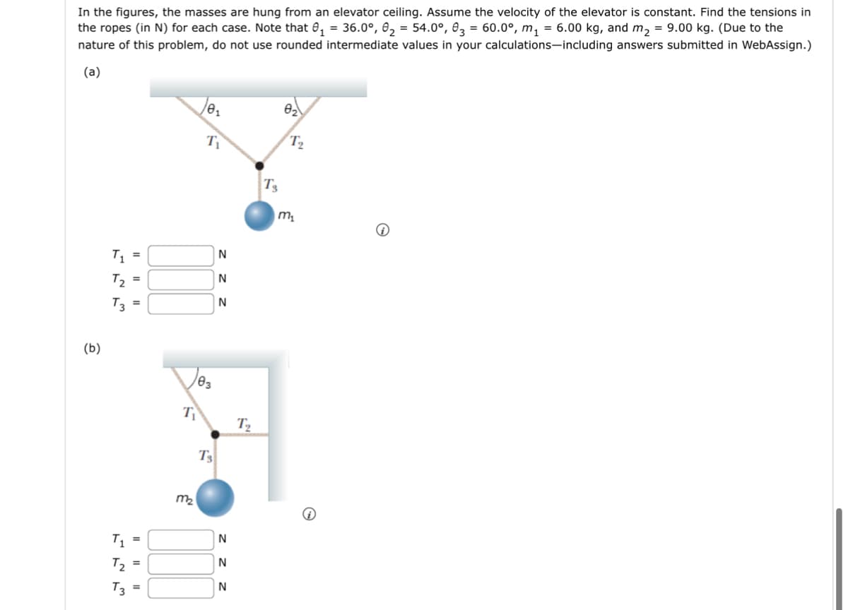 In the figures, the masses are hung from an elevator ceiling. Assume the velocity of the elevator is constant. Find the tensions in
the ropes (in N) for each case. Note that 0₁ = 36.0°, 0₂ = 54.0°, 03 = 60.0°, m₁ = 6.00 kg, and m₂ = 9.00 kg. (Due to the
nature of this problem, do not use rounded intermediate values in your calculations-including answers submitted in WebAssign.)
(a)
(b)
T₁ =
T₂ =
T3 =
T₁
T₂ =
T3
=
T₁
m₂
0₁
T₁
03
Ts
N
N
N
zzz
N
N
N
22
T3
8₂
T₂
m₂
i