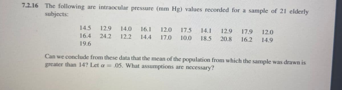 7.2.16 The following are intraocular pressure (mm Hg) values recorded for a sample of 21 elderly
subjects:
14.5
12.9
14.0
16.1
12.0
17.5
14.1
12.9
17.9
12.0
16.4
24.2
12.2
14.4
17.0
10.0
18.5
20.8
16.2
14.9
19.6
Can we conclude from these data that the mean of the population from which the sample was drawn is
greater than 14? Let a = .05. What assumptions are necessary?
%3D
