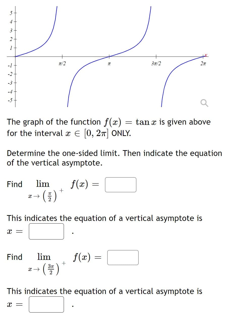 5
3
1
T/2
37/2
-2
-3
-4
-5
The graph of the function f(x)
for the interval x E [0, 27] ONLY.
= tan x is given above
Determine the one-sided limit. Then indicate the equation
of the vertical asymptote.
Find
lim
f(x) =
This indicates the equation of a vertical asymptote is
lim
f(x) :
Find
2
This indicates the equation of a vertical asymptote is
x =
