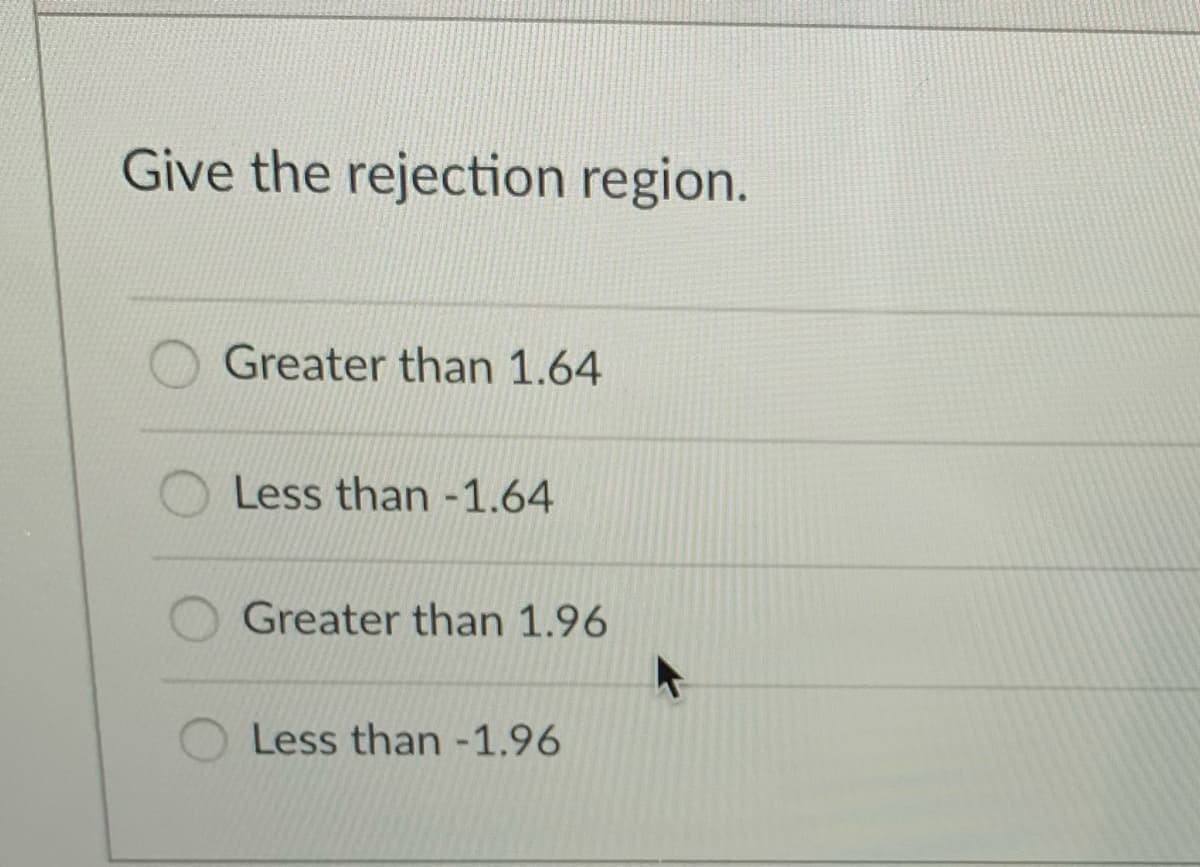 Give the rejection region.
Greater than 1.64
Less than -1.64
Greater than 1.96
Less than -1.96
