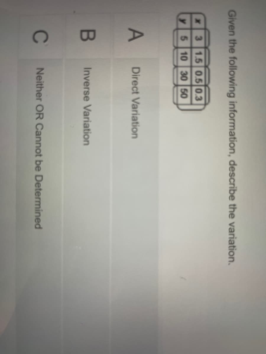Given the following information, describe the variation.
x 3 1.5 0.5 0.3
5 10 30 50
A
Direct Variation
Inverse Variation
C
Neither OR Cannot be Determined

