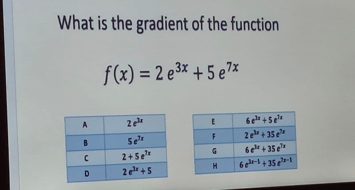 What is the gradient of the function
f(x) = 2 e3% + 5 e7x
A
2 e3r
6 er +5 ex
5 e7x
F
2 e3 + 35 e*
2 +5 ex
G
6 er + 35 ez
C
2 e3x + 5
H.
6 er-1 + 35 e-1
D
W
