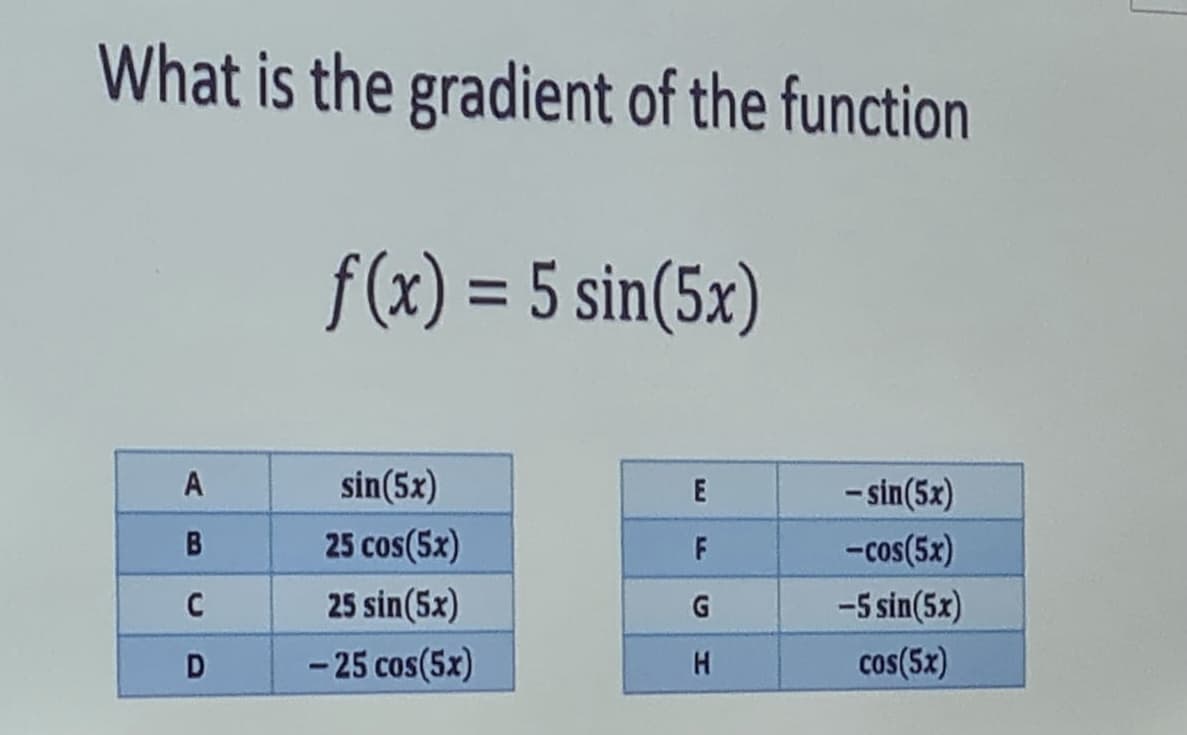 What is the gradient of the function
f(x) = 5 sin(5x)
A
sin(5x)
E
- sin(5x)
B
25 cos(5x)
F
-cos(5x)
25 sin(5x)
G
-5 sin(5x)
- 25 cos(5x)
cos(5x)
