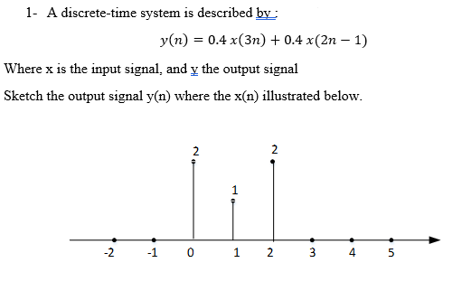 1- A discrete-time system is described by:
y(n) = 0.4 x(3n) + 0.4 x(2n – 1)
Where x is the input signal, and y the output signal
Sketch the output signal y(n) where the x(n) illustrated below.
2
2
1
-2
-1 0
1 2 3 4
