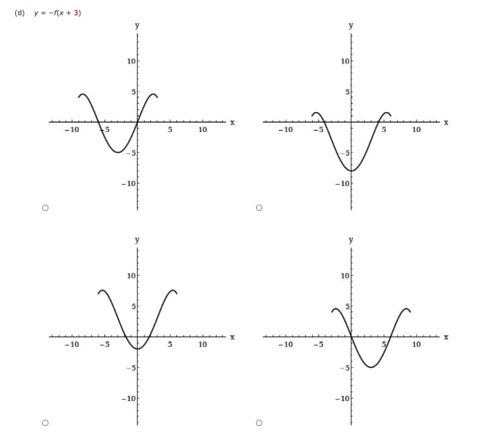 (d) y = -f(x + 3)
10
10
5.
-10
10
-10
10
- 10
-10
10
10
-10
-5
10
-10
-5
10
-10
-10
