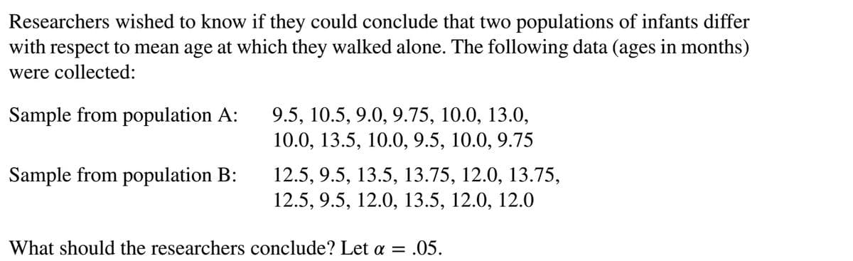 Researchers wished to know if they could conclude that two populations of infants differ
with respect to mean age at which they walked alone. The following data (ages in months)
were collected:
Sample from population A:
Sample from population B:
9.5, 10.5, 9.0, 9.75, 10.0, 13.0,
10.0, 13.5, 10.0, 9.5, 10.0, 9.75
12.5, 9.5, 13.5, 13.75, 12.0, 13.75,
12.5, 9.5, 12.0, 13.5, 12.0, 12.0
What should the researchers conclude? Let a = .05.