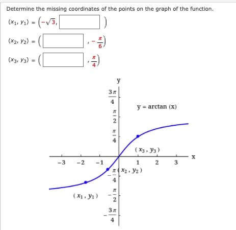 Determine the missing coordinates of the points on the graph of the function.
(x, Y1) = (-v3,
(x2, Y2) =
(X3, Y3) =
y
4
y = arctan (x)
2
4
(X3, y3)
1 2
7X2, y2)
-3
-2
-1
4
(X1, yı)
4
3.
KIN
