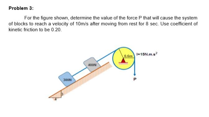 Problem 3:
For the figure shown, determine the value of the force P that will cause the system
of blocks to reach a velocity of 10m/s after moving from rest for 8 sec. Use coefficient of
kinetic friction to be 0.20.
I-15N.m.s
0.6m
400N
300N
