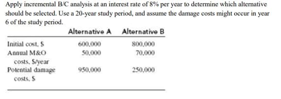 Apply incremental B/C analysis at an interest rate of 8% per year to determine which alternative
should be selected. Use a 20-year study period, and assume the damage costs might occur in year
6 of the study period.
Alternative A Alternative B
Initial cost, S
600,000
800,000
Annual M&O
50,000
70,000
costs, S/year
Potential damage
950,000
250,000
costs, S
