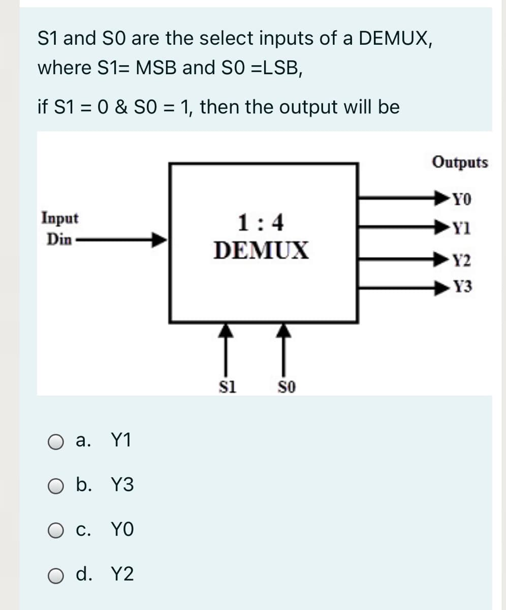 S1 and SO are the select inputs of a DEMUX,
where S1= MSB and S0 =LSB,
if S1 = 0 & SO = 1, then the output will be
Outputs
YO
Input
Din
1:4
Y1
DEMUX
Y2
Y3
si
so
O a. Y1
O b. Y3
O c. YO
O d. Y2
