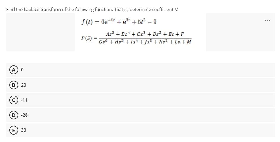 Find the Laplace transform of the following function. That is, determine coefficient M
f (t) = 6e 5t + e3t + 5t3 – 9
...
As5 + Bs* + Cs³ + Ds² + Es + F
F(S)
Gs6 + Hs5 + Is+4 + Js³ + Ks² + Ls + M
A) 0
B) 23
c) -11
(D -28
E) 33
