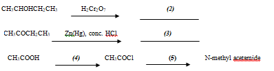 CH;CHOHCH CH:
(2)
CH:COCH:CH:
ZnHg), conc. HCI
(3)
CH:COOH
(4)
CH:COCI
(5)
N-methyl acatamide
