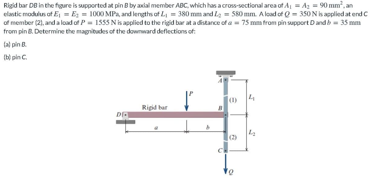 = 90 mm2, an
= 580 mm. A load of Q = 350 N is applied at end C
of member (2), and a load of P = 1555 N is applied to the rigid bar at a distance of a = 75 mm from pin support D and b = 35 mm
Rigid bar DB in the figure is supported at pin B by axial member ABC, which has a cross-sectional area of A1 = A2
elastic modulus of E1
= E2 = 1000 MPa, and lengths of L1 = 380 mm and L2
%3D
from pin B. Determine the magnitudes of the downward deflections of:
(a) pin B.
(b) pin C.
P
(1)
Rigid bar
B
a
L2
(2)
