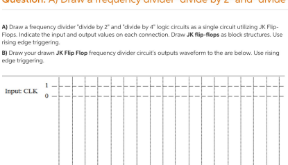 A) Draw a frequency divider "divide by 2" and "divide by 4" logic circuits as a single circuit utilizing JK Flip-
Flops. Indicate the input and output values on each connection. Draw JK flip-flops as block structures. Use
rising edge triggering.
B) Draw your drawn JK Flip Flop frequency divider circuit's outputs waveform to the are below. Use rising
edge triggering.
1
Input: CLK
