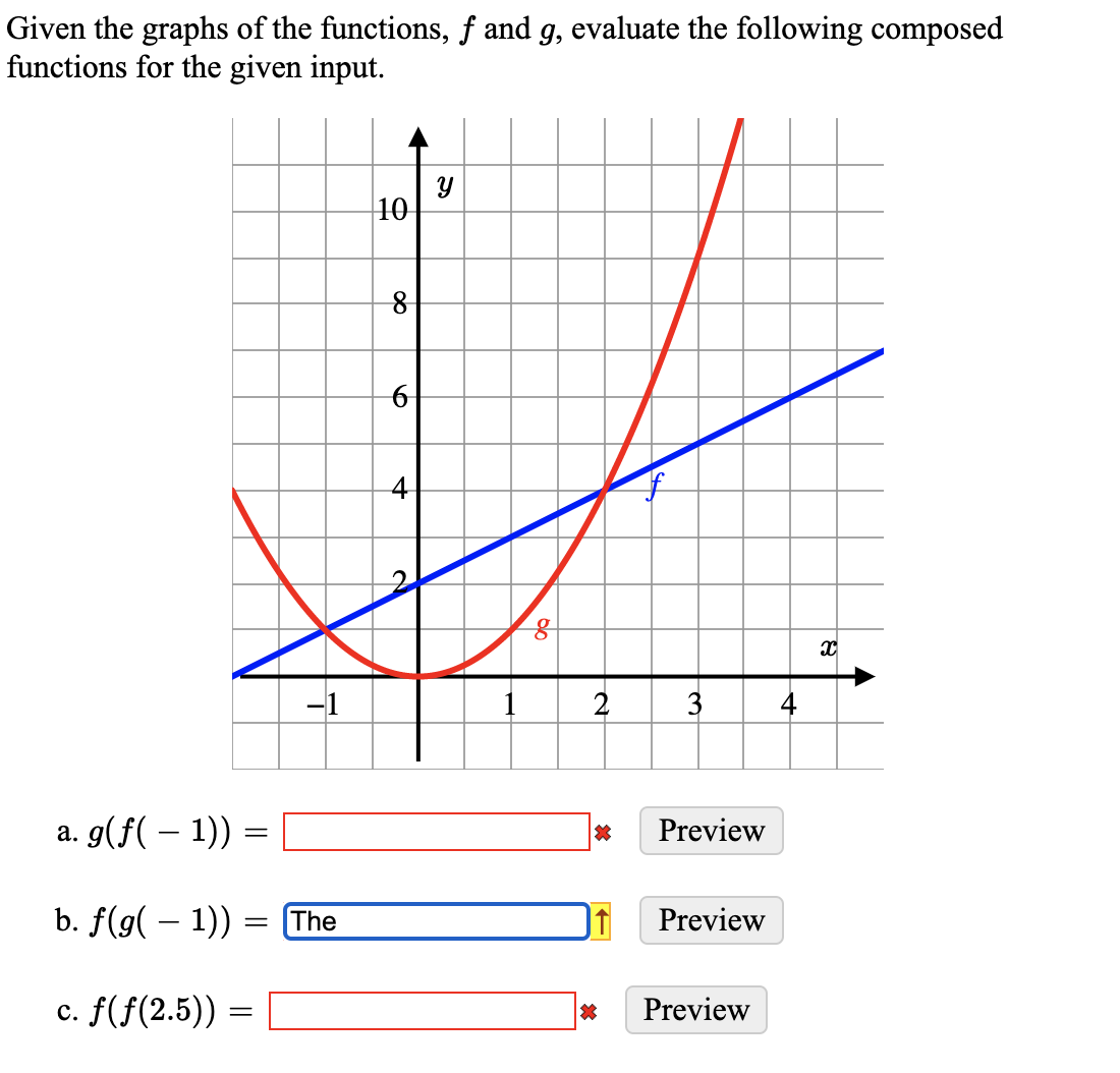 Given the graphs of the functions, f and g, evaluate the following composed
functions for the given input.
10
용
-1
2
3
4
a. g(f( – 1))
Preview
b. f(g( – 1)) = The
Preview
-
c. f(f(2.5))
Preview
4.

