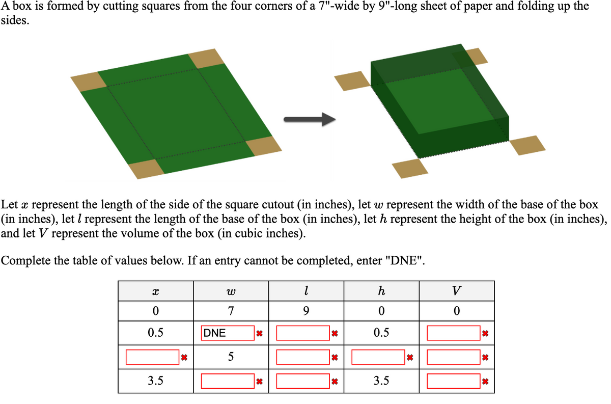 A box is formed by cutting squares from the four corners of a 7"-wide by 9"-long sheet of paper and folding up the
sides.
Let x represent the length of the side of the square cutout (in inches), let w represent the width of the base of the box
(in inches), let l represent the length of the base of the box (in inches), let h represent the height of the box (in inches),
and let V represent the volume of the box (in cubic inches).
Complete the table of values below. If an entry cannot be completed, enter "DNE".
h
V
7
9
0.5
DNE
0.5
5
3.5
3.5
