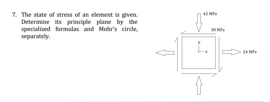 7. The state of stress of an element is given.
Determine its principle plane
specialized formulas and Mohr's circle,
separately.
42 MPа
by the
38 MPa
y
> 24 MPa
