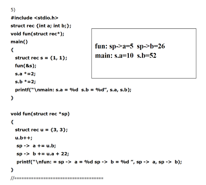 5)
#include <stdio.h>
struct rec {int a; int b;};
void fun(struct rec*);
main()
fun: sp->a=5 sp->b=26
{
main: s.a=10 s.b=52
struct rec s = {1, 1};
fun(&s);
s.a *=2;
s.b *=2;
printf("\nmain: s.a = %d s.b = %d", s.a, s.b);
}
void fun(struct rec *sp)
{
struct rec u = {3, 3};
u.b++;
sp -> a += u.b;
sp -> b += u.a + 22;
printf("\nfun: = sp -> a = %d sp -> b = %d ", sp -> a, sp -> b);
/=
