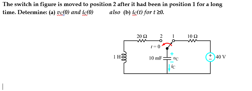 The switch in figure is moved to position 2 after it had been in position 1 for a long
time. Determine: (a) vc(0) and iç(0)
also (b) iç(t) for t 20.
20 Ω
2
10 Ω
t = 0
1H
10 mF
40 V
ic
