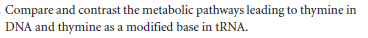 Compare and contrast the metabolic pathways leading to thymine in
DNA and thymine as a modified base in tRNA.
