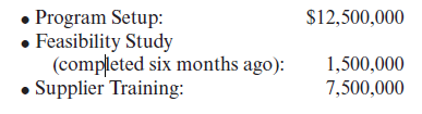 Program Setup:
• Feasibility Study
(completed six months ago):
• Supplier Training:
$12,500,000
1,500,000
7,500,000
