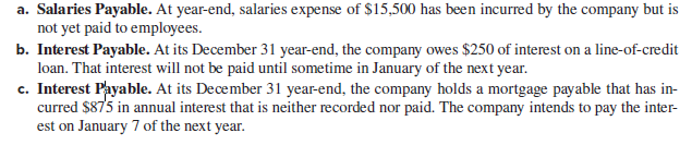 a. Salaries Payable. At year-end, salaries expense of $15,500 has been incurred by the company but is
not yet paid to employees.
b. Interest Payable. At its December 31 year-end, the company owes $250 of interest on a line-of-credit
loan. That interest will not be paid until sometime in January of the next year.
c. Interest Payable. At its December 31 year-end, the company holds a mortgage payable that has in-
curred $875 in annual interest that is neither recorded nor paid. The company intends to pay the inter-
est on January 7 of the next year.

