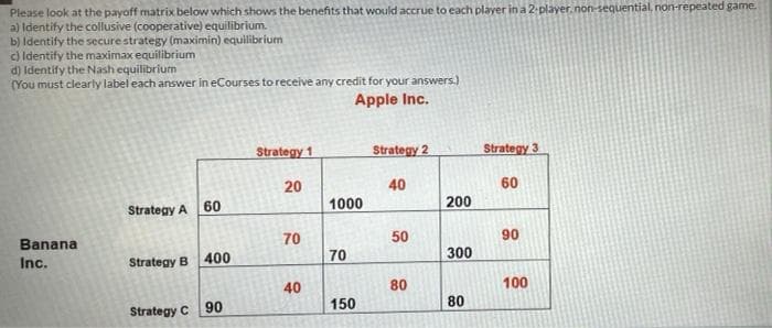 Please look at the payoff matrix below which shows the benefits that would accrue to each player in a 2-player.non-sequential, non-repeated game.
a) Identify the collusive (cooperative) equilibrium.
b) Identify the secure strategy (maximin) equilibrium
c) Identify the maximax equilibrium
d) Identify the Nash equilibrium
(You must clearly label each answer in eCourses to receive any credit for your answers.)
Apple Inc.
Strategy 1
Strategy 2
Strategy 3
20
40
60
60
1000
200
Strategy A
70
50
90
Banana
70
300
Inc.
Strategy B 400
40
80
100
90
150
80
Strategy C
