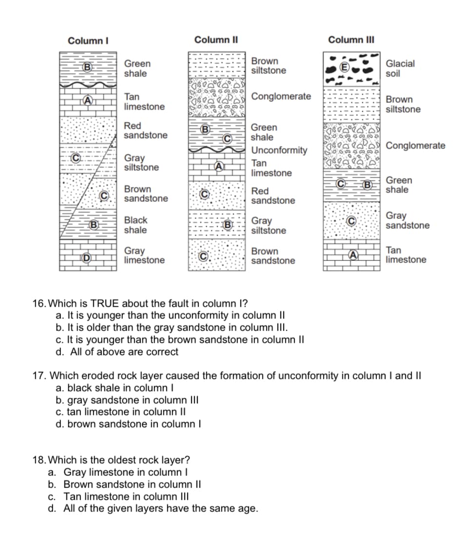 Column I
Column II
Column III
Green
shale
Brown
siltstone
Glacial
soil
Tan
limestone
Conglomerate
Brown
siltstone
Red
sandstone
Green
shale
Conglomerate
Unconformity
Gray
siltstone
Tan
limestone
BE
Green
shale
Brown
sandstone
Red
sandstone
Black
shale
B Gray
siltstone
Gray
sandstone
B
C
Gray
limestone
Brown
sandstone
Tan
limestone
A
16. Which is TRUE about the fault in column l?
a. It is younger than the unconformity in column II
b. It is older than the gray sandstone in column III.
c. It is younger than the brown sandstone in column II
d. All of above are correct
17. Which eroded rock layer caused the formation of unconformity in column I and II
a. black shale in column
b. gray sandstone in column III
c. tan limestone in column II
d. brown sandstone in column I
18. Which is the oldest rock layer?
a. Gray limestone in column I
b. Brown sandstone in column II
c. Tan limestone in column III
d. All of the given layers have the same age.
