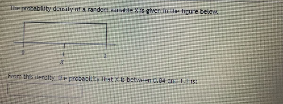 The probability density of a random variable X is given in the figure below.
From this density, the probability that X is between 0.84 and 1.3 is:
