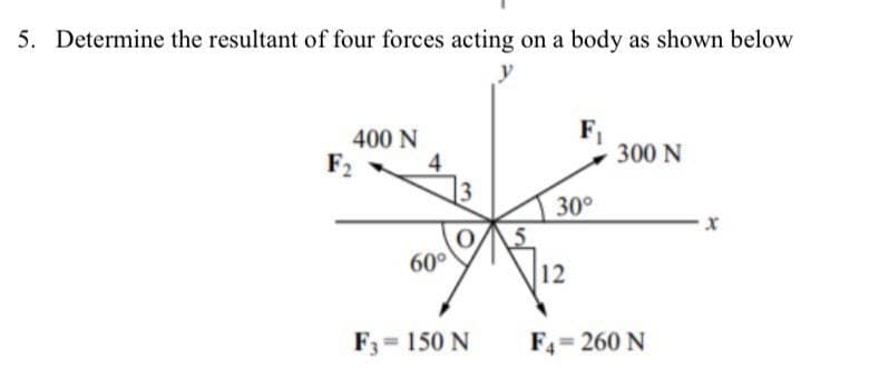 5. Determine the resultant of four forces acting on a body as shown below
F1
300 N
400 N
F2
30°
60°
12
F3 150 N
F4= 260 N
