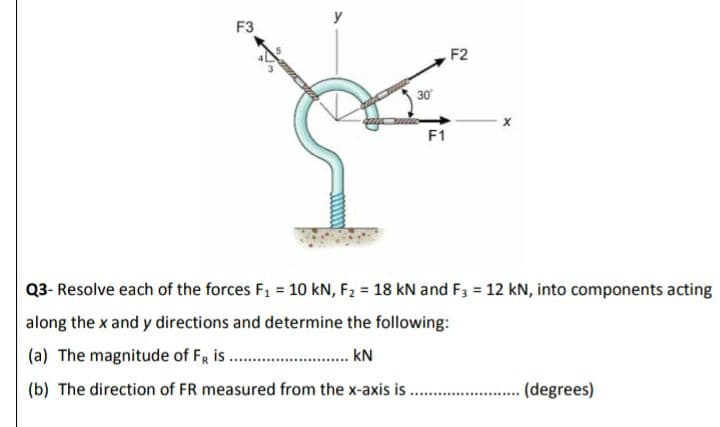 y
F3
F2
30
F1
Q3- Resolve each of the forces F1 = 10 kN, F2 = 18 kN and F3 = 12 kN, into components acting
along the x and y directions and determine the following:
(a) The magnitude of FR is
. kN
(b) The direction of FR measured from the x-axis is
(degrees)
..........
