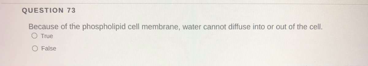 QUESTION 73
Because of the phospholipid cell membrane, water cannot diffuse into or out of the cell.
O True
O False
