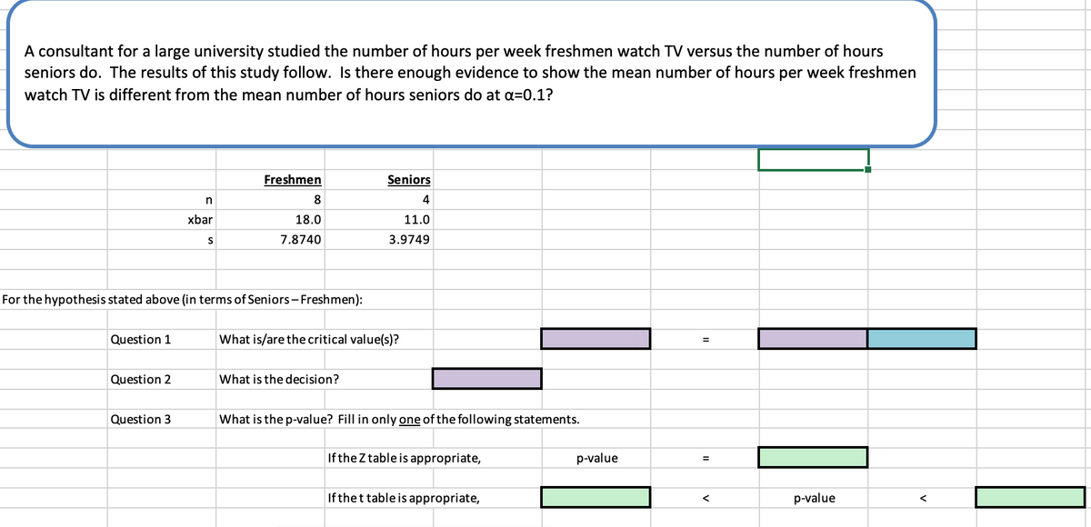A consultant for a large university studied the number of hours per week freshmen watch TV versus the number of hours
seniors do. The results of this study follow. Is there enough evidence to show the mean number of hours per week freshmen
watch TV is different from the mean number of hours seniors do at a=0.1?
Freshmen
Seniors
4
xbar
18.0
11.0
7.8740
3.9749
For the hypothesis stated above (in terms of Seniors- Freshmen):
Question 1
What is/are the critical value(s)?
Question 2
What is the decision?
Question 3
What is the p-value? Fill in only one of the following statements.
Ifthe Z table is appropriate,
p-value
Ifthet table is appropriate,
p-value
<
<
