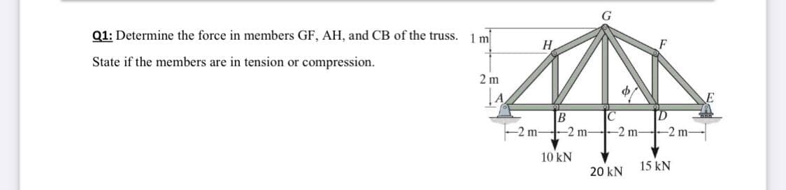 Q1: Determine the force in members GF, AH, and CB of the truss. 1 ml
H.
State if the members are in tension or compression.
2 m
-2 m -2 m--2 m-
-2 m-
10 kN
15 kN
20 kN
