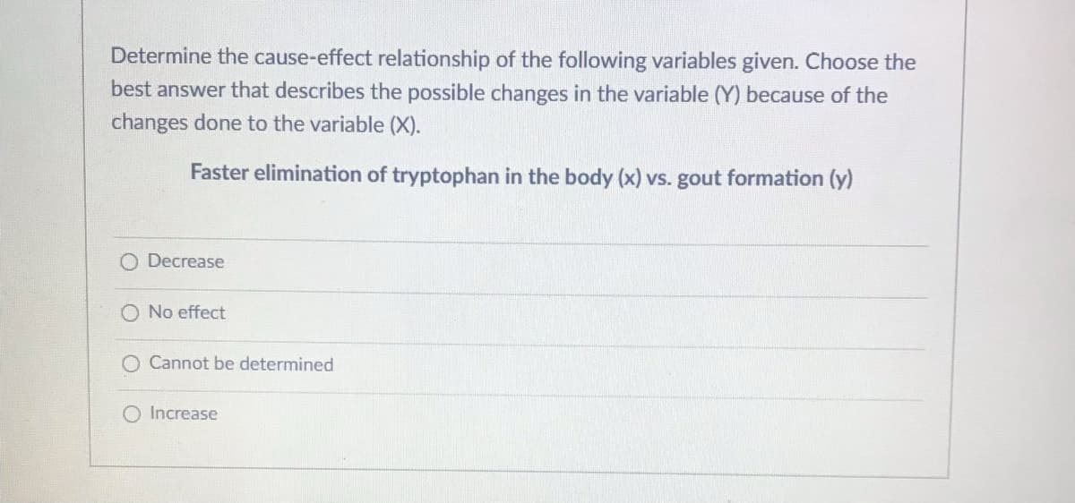 Determine the cause-effect relationship of the following variables given. Choose the
best answer that describes the possible changes in the variable (Y) because of the
changes done to the variable (X).
Faster elimination of tryptophan in the body (x) vs. gout formation (y)
O Decrease
O No effect
O Cannot be determined
O Increase
