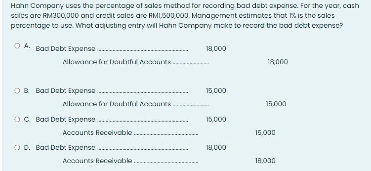 Hahn Company uses the percentage of sales method for recording bad debt expense. For the year, cash
sales are RM300,000 and credit sales are RM1,500,000. Management estimates that 1% is the sales
percentage to use. What adjusting entry will Hahn Company make to record the bad debt expense?
O A. Bad Debt Expense .
18,000
Allowance for Doubtful Accounts
18,000
O B. Bad Debt Expense .
15,000
Allowance for Doubtful Accounts
15,000
O C. Bad Debt Expense
15,000
Accounts Receivable .
15,000
O D. Bad Debt Expense
18,000
Accounts Receivable
18,000
