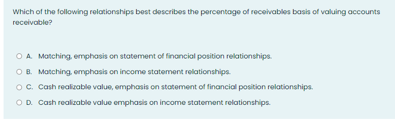 Which of the following relationships best describes the percentage of receivables basis of valuing accounts
receivable?
O A. Matching, emphasis on statement of financial position relationships.
O B. Matching, emphasis on income statement relationships.
Oc. Cash realizable value, emphasis on statement of financial position relationships.
O D. Cash realizable value emphasis on income statement relationships.
