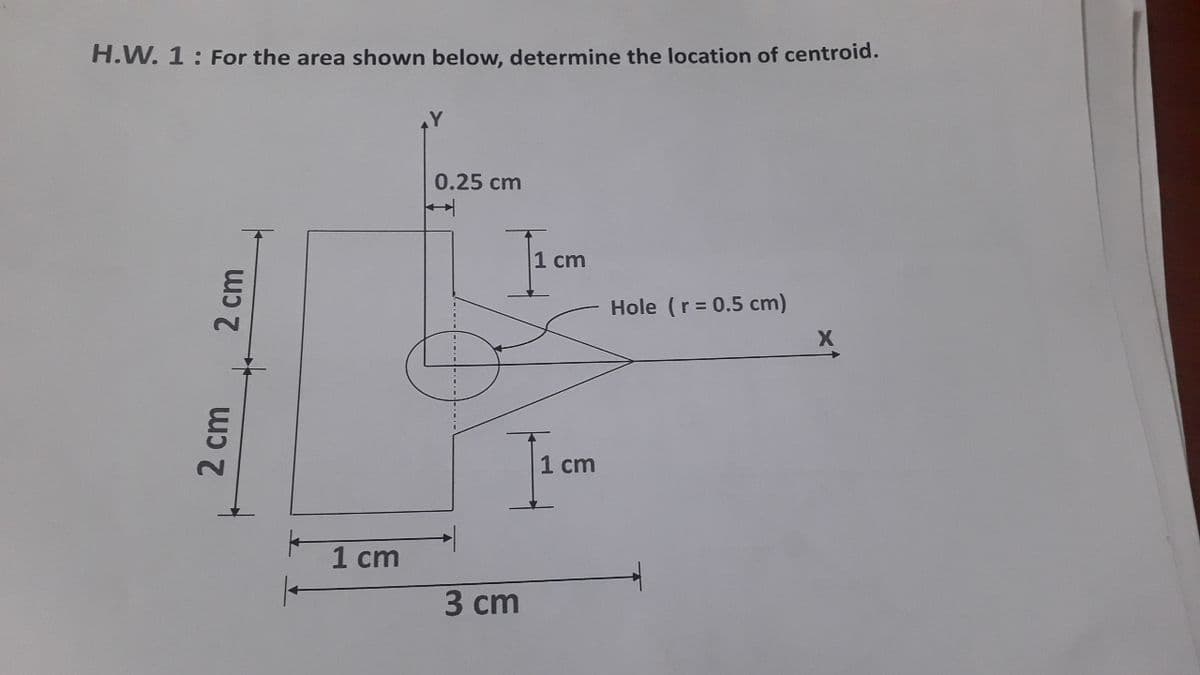 H.W. 1:For the area shown below, determine the location of centroid.
Y
0.25 cm
cm
Hole (r = 0.5 cm)
1 cm
1 cm
3 сm
2 cm
2 cm
